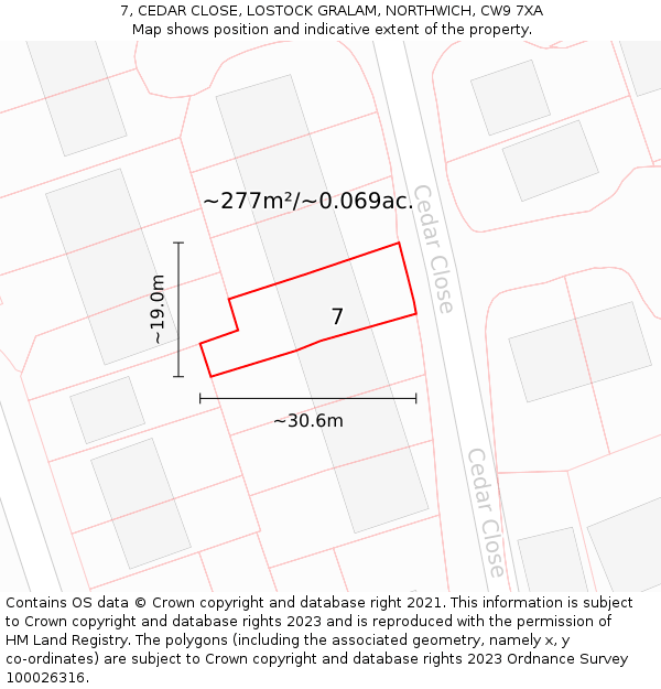 7, CEDAR CLOSE, LOSTOCK GRALAM, NORTHWICH, CW9 7XA: Plot and title map