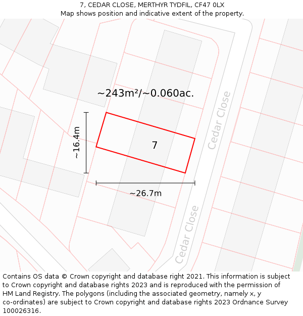 7, CEDAR CLOSE, MERTHYR TYDFIL, CF47 0LX: Plot and title map