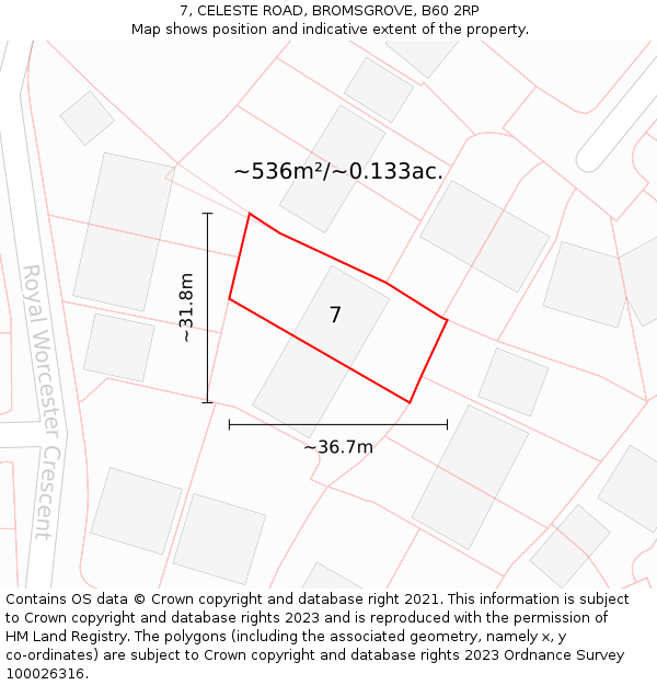 7, CELESTE ROAD, BROMSGROVE, B60 2RP: Plot and title map