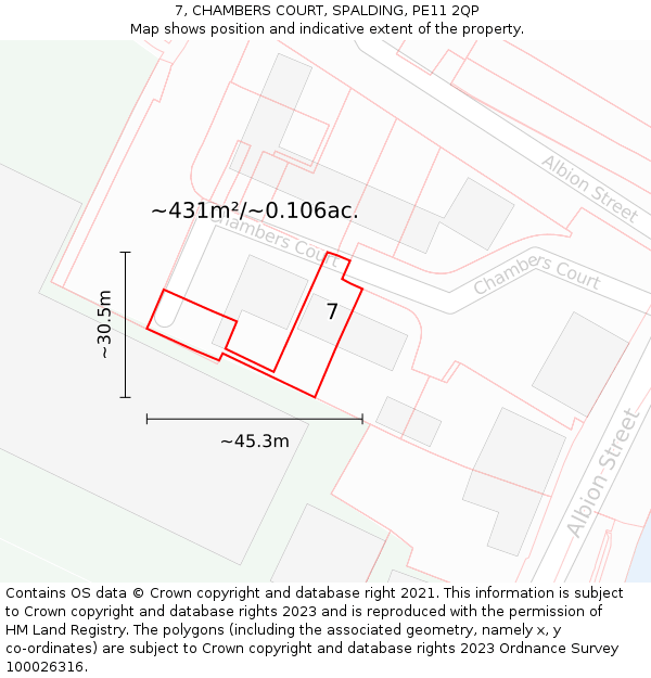 7, CHAMBERS COURT, SPALDING, PE11 2QP: Plot and title map