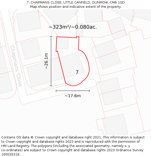 7, CHAPMANS CLOSE, LITTLE CANFIELD, DUNMOW, CM6 1GD: Plot and title map