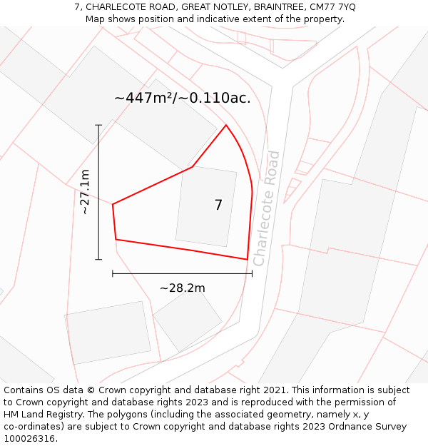 7, CHARLECOTE ROAD, GREAT NOTLEY, BRAINTREE, CM77 7YQ: Plot and title map