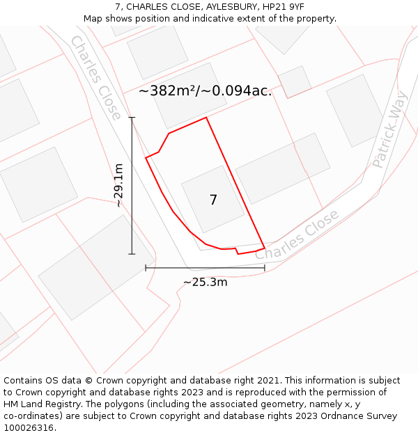 7, CHARLES CLOSE, AYLESBURY, HP21 9YF: Plot and title map