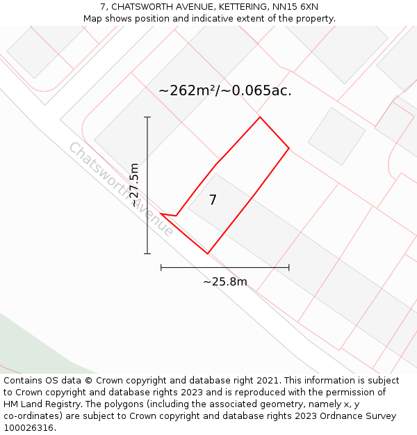 7, CHATSWORTH AVENUE, KETTERING, NN15 6XN: Plot and title map