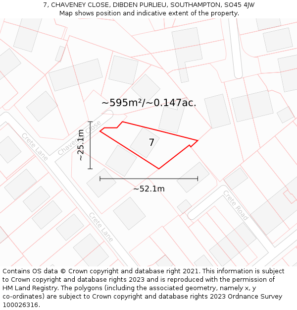 7, CHAVENEY CLOSE, DIBDEN PURLIEU, SOUTHAMPTON, SO45 4JW: Plot and title map