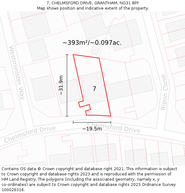 7, CHELMSFORD DRIVE, GRANTHAM, NG31 8PF: Plot and title map