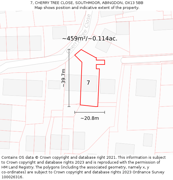 7, CHERRY TREE CLOSE, SOUTHMOOR, ABINGDON, OX13 5BB: Plot and title map