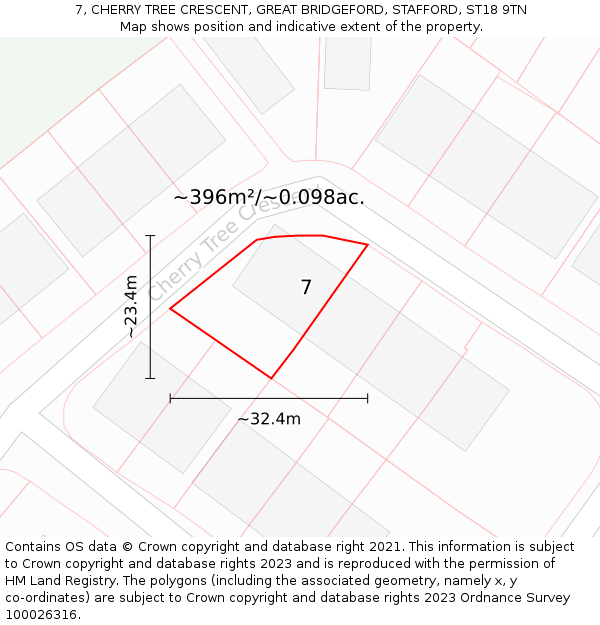 7, CHERRY TREE CRESCENT, GREAT BRIDGEFORD, STAFFORD, ST18 9TN: Plot and title map