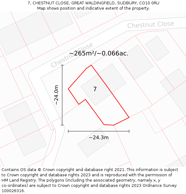 7, CHESTNUT CLOSE, GREAT WALDINGFIELD, SUDBURY, CO10 0RU: Plot and title map