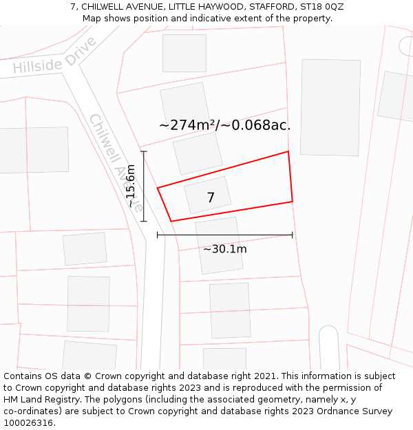 7, CHILWELL AVENUE, LITTLE HAYWOOD, STAFFORD, ST18 0QZ: Plot and title map