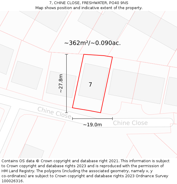 7, CHINE CLOSE, FRESHWATER, PO40 9NS: Plot and title map