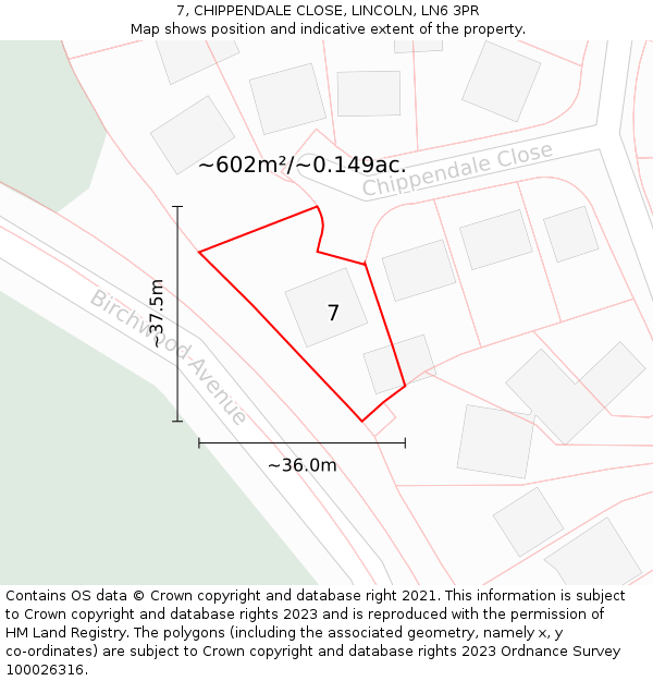 7, CHIPPENDALE CLOSE, LINCOLN, LN6 3PR: Plot and title map