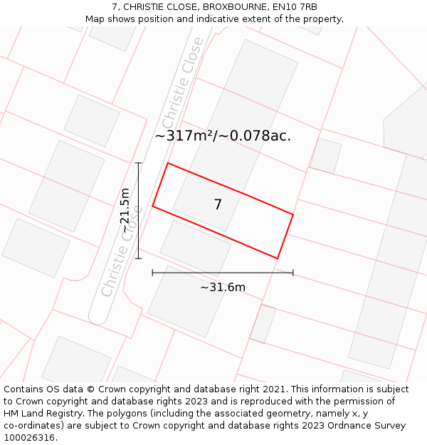 7, CHRISTIE CLOSE, BROXBOURNE, EN10 7RB: Plot and title map