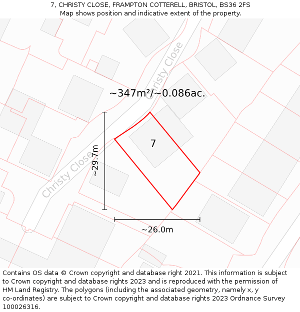 7, CHRISTY CLOSE, FRAMPTON COTTERELL, BRISTOL, BS36 2FS: Plot and title map