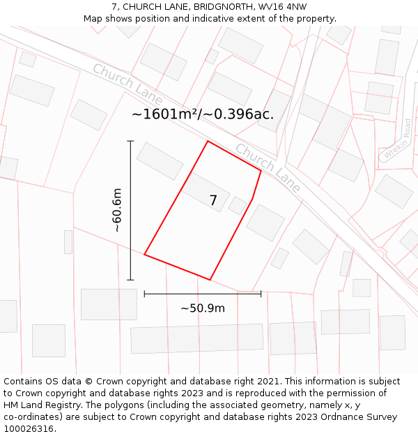 7, CHURCH LANE, BRIDGNORTH, WV16 4NW: Plot and title map