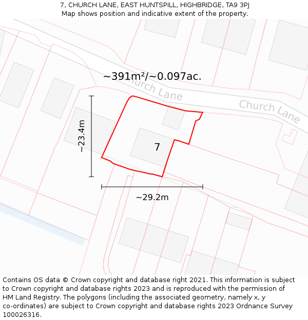 7, CHURCH LANE, EAST HUNTSPILL, HIGHBRIDGE, TA9 3PJ: Plot and title map