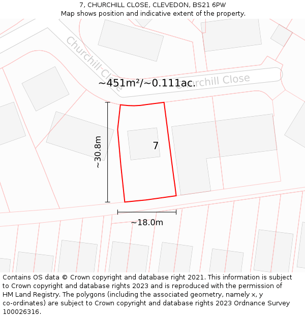 7, CHURCHILL CLOSE, CLEVEDON, BS21 6PW: Plot and title map