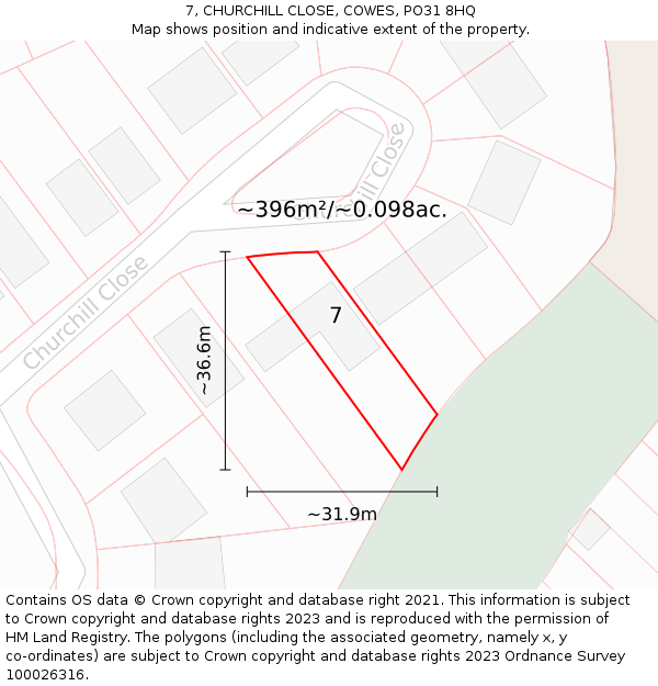 7, CHURCHILL CLOSE, COWES, PO31 8HQ: Plot and title map