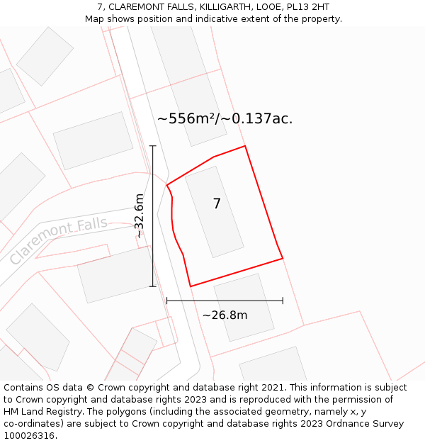 7, CLAREMONT FALLS, KILLIGARTH, LOOE, PL13 2HT: Plot and title map