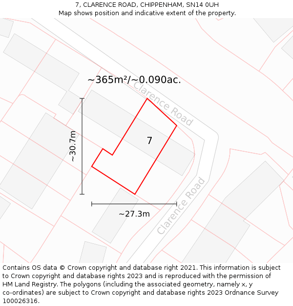 7, CLARENCE ROAD, CHIPPENHAM, SN14 0UH: Plot and title map