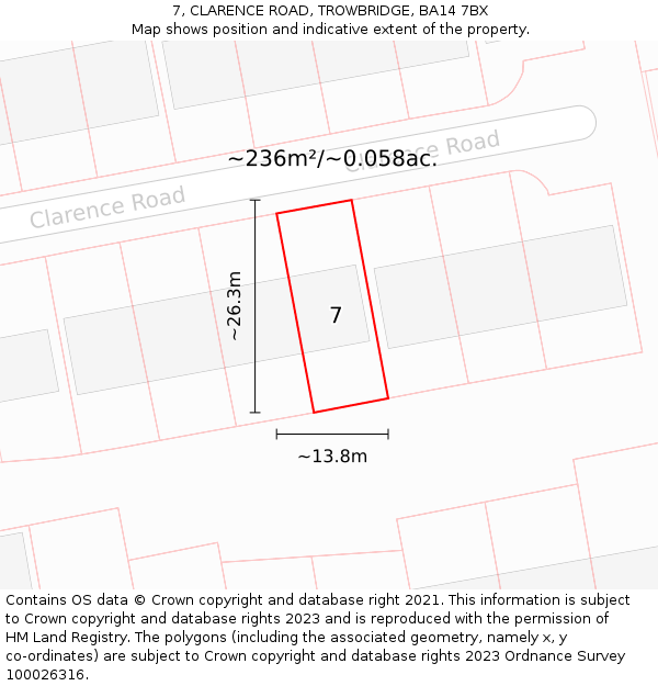 7, CLARENCE ROAD, TROWBRIDGE, BA14 7BX: Plot and title map