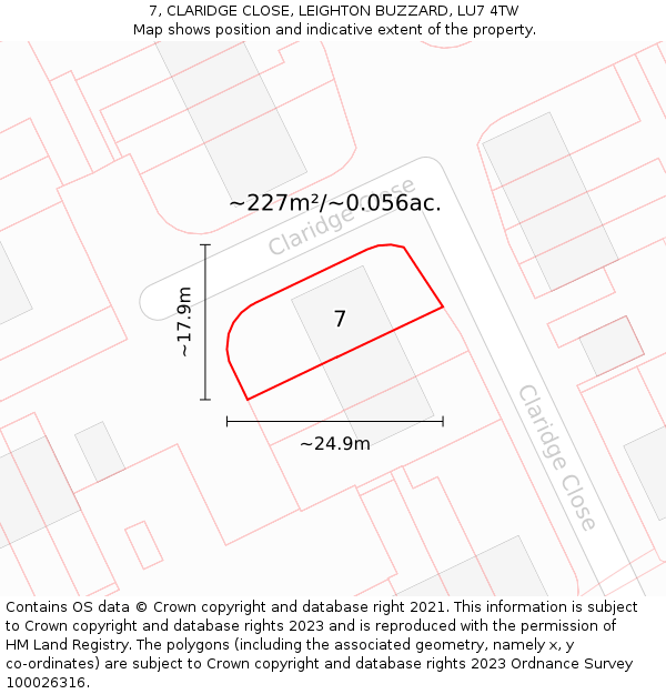 7, CLARIDGE CLOSE, LEIGHTON BUZZARD, LU7 4TW: Plot and title map