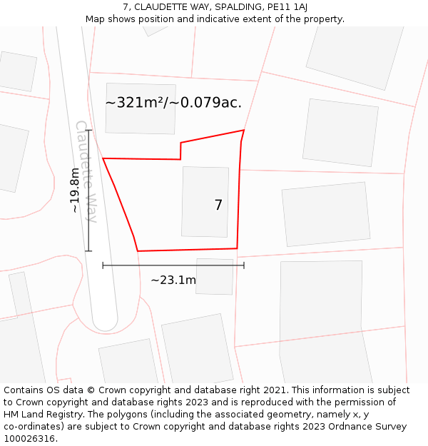 7, CLAUDETTE WAY, SPALDING, PE11 1AJ: Plot and title map