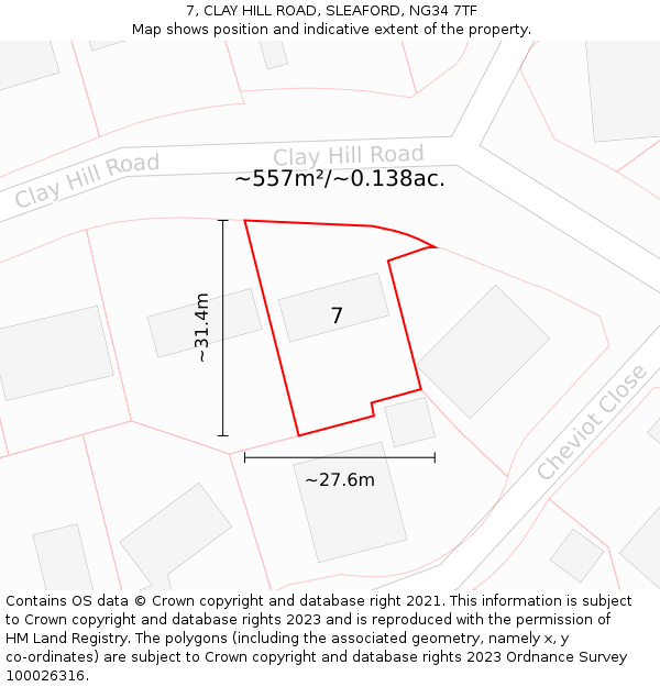 7, CLAY HILL ROAD, SLEAFORD, NG34 7TF: Plot and title map