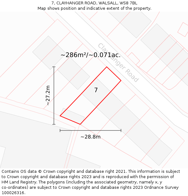 7, CLAYHANGER ROAD, WALSALL, WS8 7BL: Plot and title map