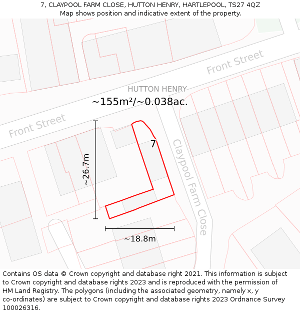 7, CLAYPOOL FARM CLOSE, HUTTON HENRY, HARTLEPOOL, TS27 4QZ: Plot and title map