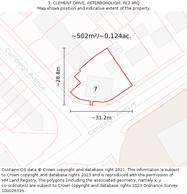 7, CLEMENT DRIVE, PETERBOROUGH, PE2 9RQ: Plot and title map
