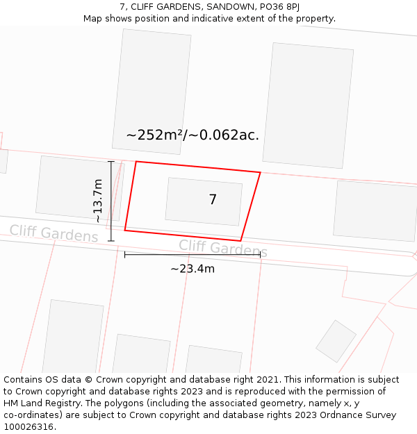 7, CLIFF GARDENS, SANDOWN, PO36 8PJ: Plot and title map