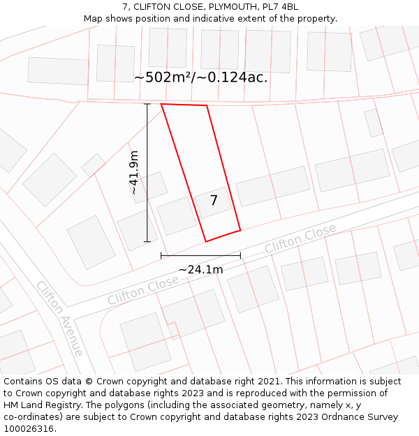 7, CLIFTON CLOSE, PLYMOUTH, PL7 4BL: Plot and title map