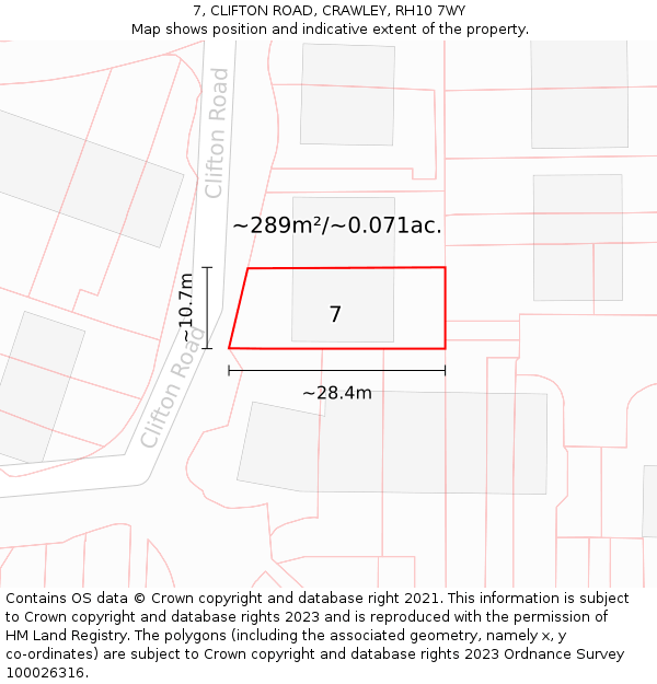 7, CLIFTON ROAD, CRAWLEY, RH10 7WY: Plot and title map