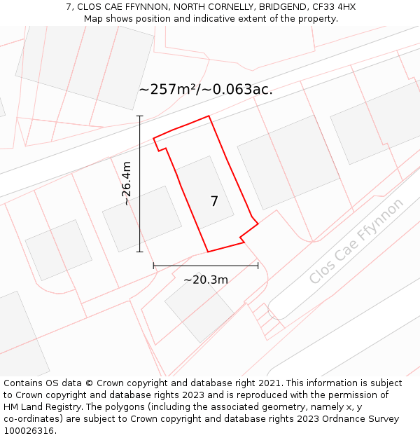 7, CLOS CAE FFYNNON, NORTH CORNELLY, BRIDGEND, CF33 4HX: Plot and title map