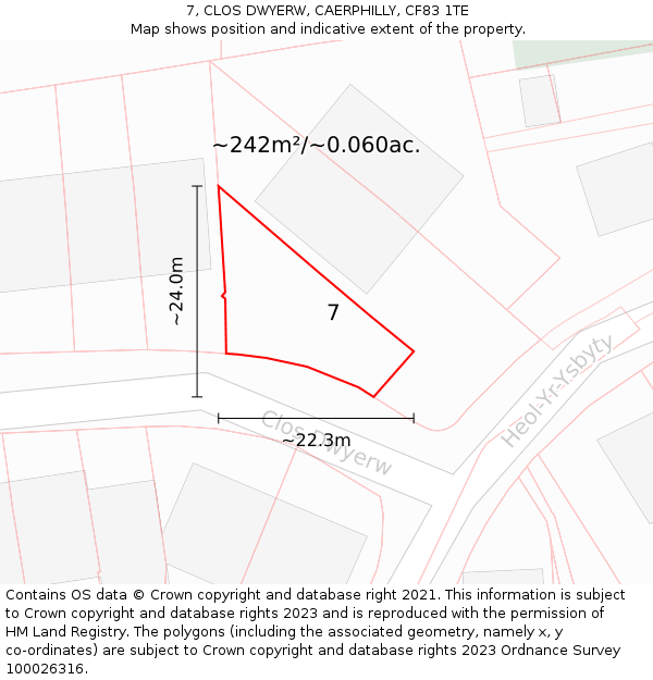 7, CLOS DWYERW, CAERPHILLY, CF83 1TE: Plot and title map