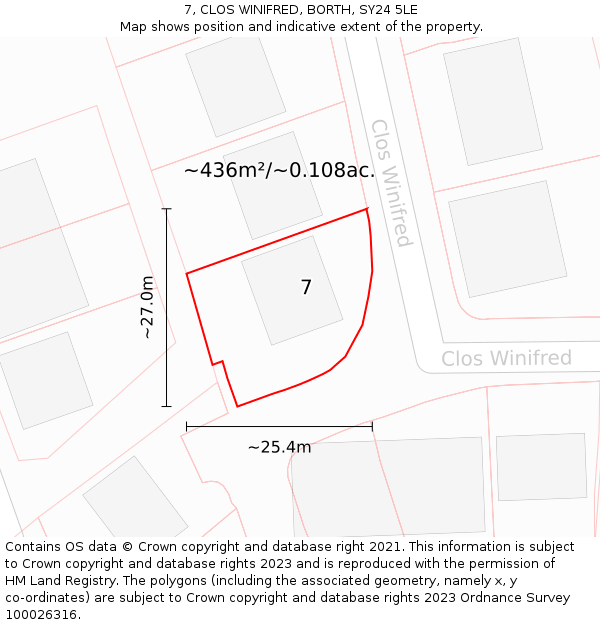 7, CLOS WINIFRED, BORTH, SY24 5LE: Plot and title map