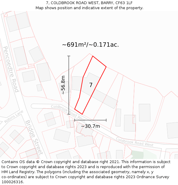 7, COLDBROOK ROAD WEST, BARRY, CF63 1LF: Plot and title map