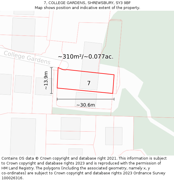 7, COLLEGE GARDENS, SHREWSBURY, SY3 9BF: Plot and title map