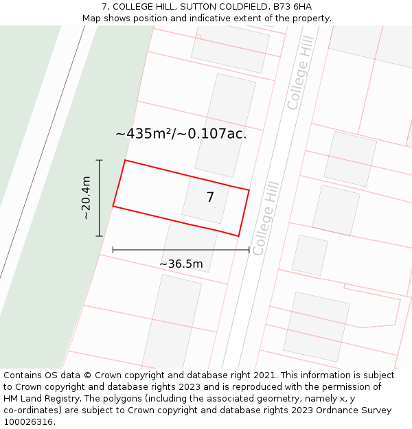 7, COLLEGE HILL, SUTTON COLDFIELD, B73 6HA: Plot and title map