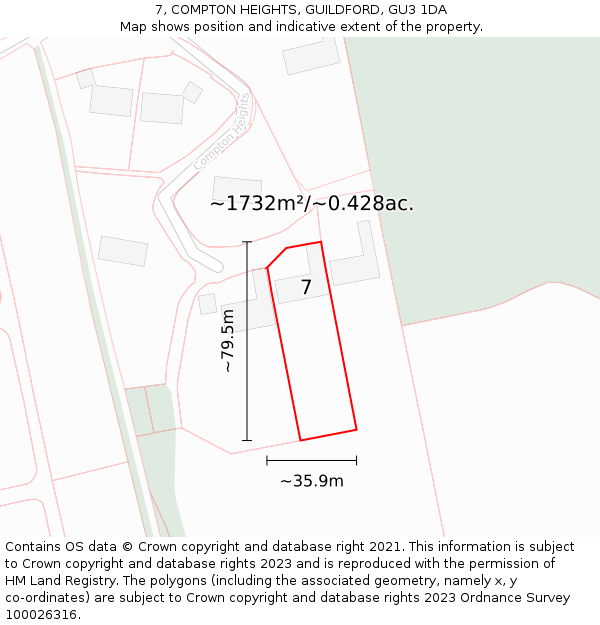 7, COMPTON HEIGHTS, GUILDFORD, GU3 1DA: Plot and title map