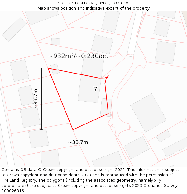 7, CONISTON DRIVE, RYDE, PO33 3AE: Plot and title map