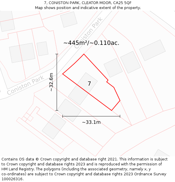 7, CONISTON PARK, CLEATOR MOOR, CA25 5QF: Plot and title map