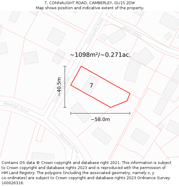 7, CONNAUGHT ROAD, CAMBERLEY, GU15 2DW: Plot and title map