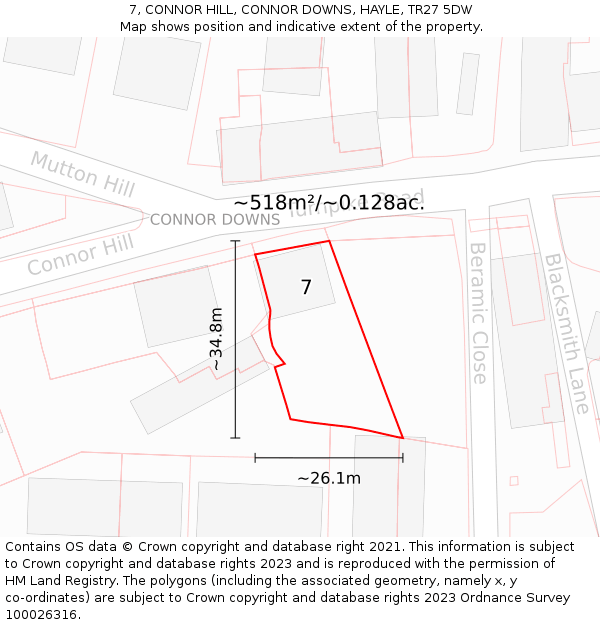 7, CONNOR HILL, CONNOR DOWNS, HAYLE, TR27 5DW: Plot and title map