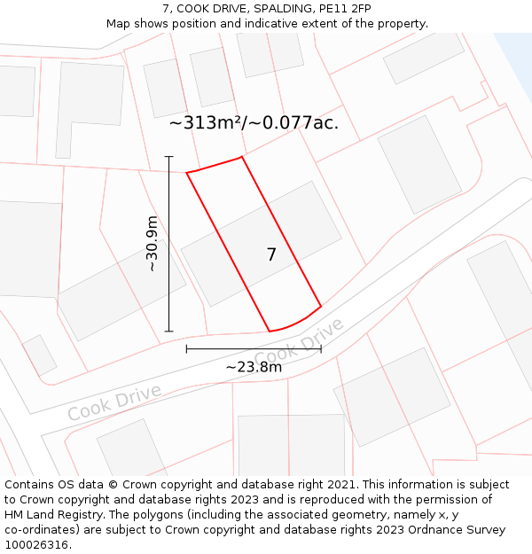 7, COOK DRIVE, SPALDING, PE11 2FP: Plot and title map