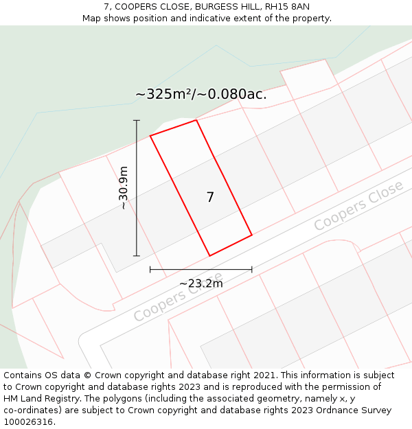 7, COOPERS CLOSE, BURGESS HILL, RH15 8AN: Plot and title map