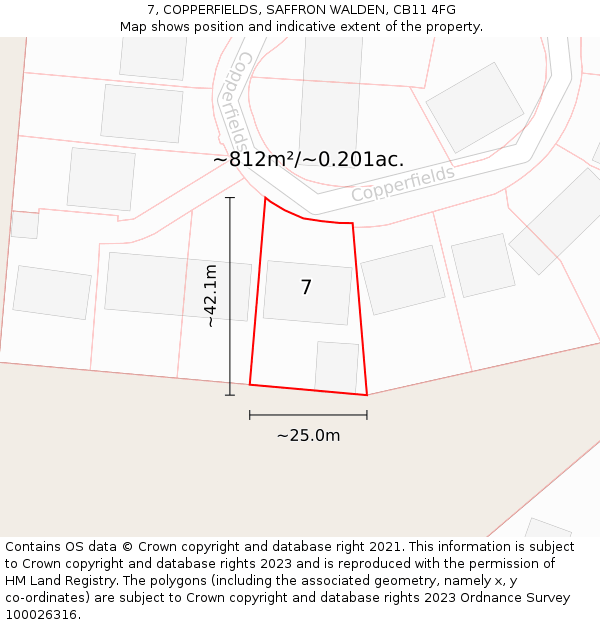 7, COPPERFIELDS, SAFFRON WALDEN, CB11 4FG: Plot and title map