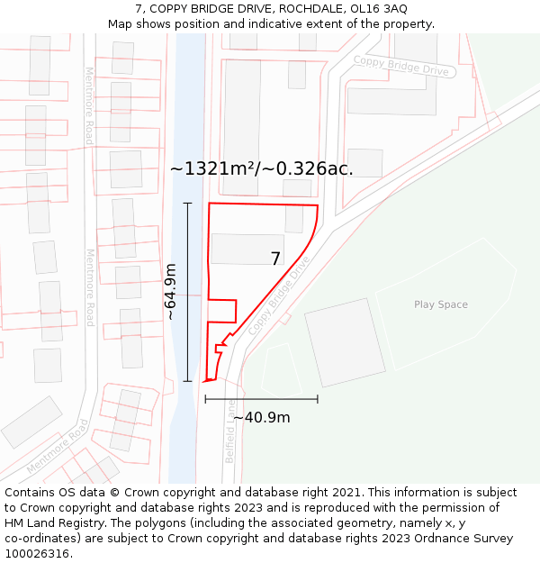 7, COPPY BRIDGE DRIVE, ROCHDALE, OL16 3AQ: Plot and title map