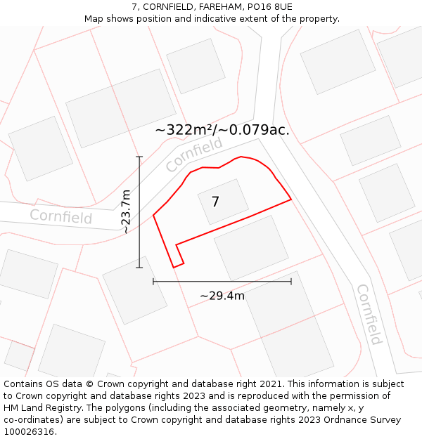 7, CORNFIELD, FAREHAM, PO16 8UE: Plot and title map